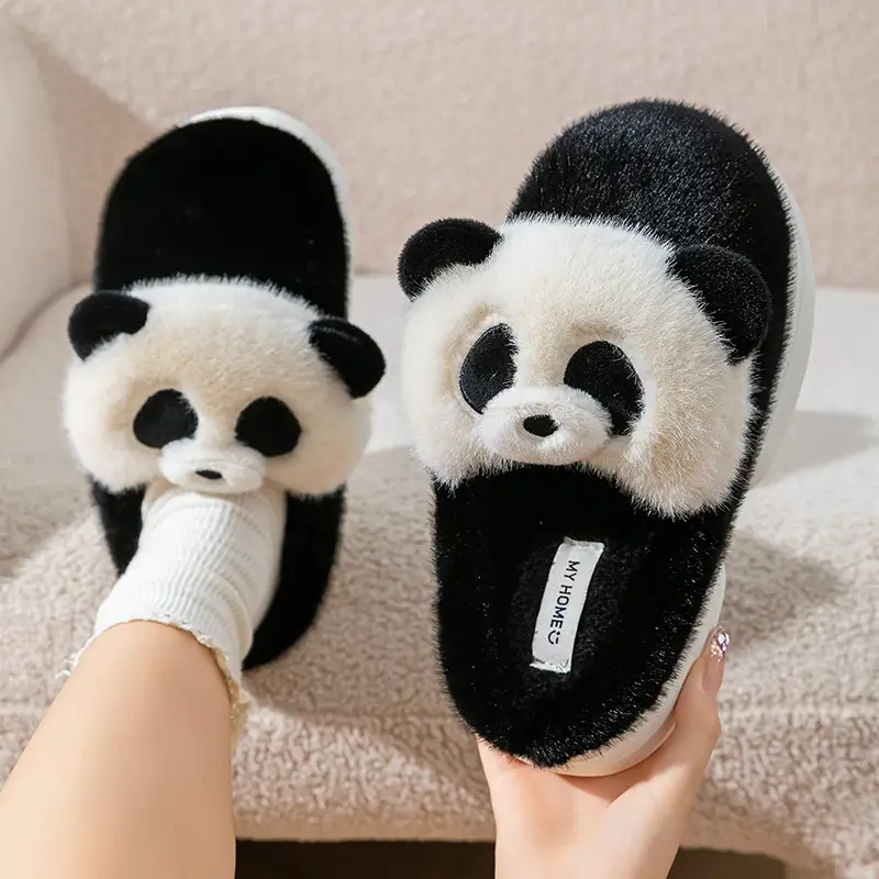 Black and White Panda Cute Cotton Slippers for Women's Home Indoor Plush Slippers Winter Warm Thick-Soled Cotton Slippers