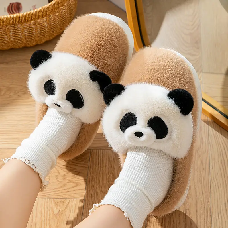 Black and White Panda Cute Cotton Slippers for Women's Home Indoor Plush Slippers Winter Warm Thick-Soled Cotton Slippers