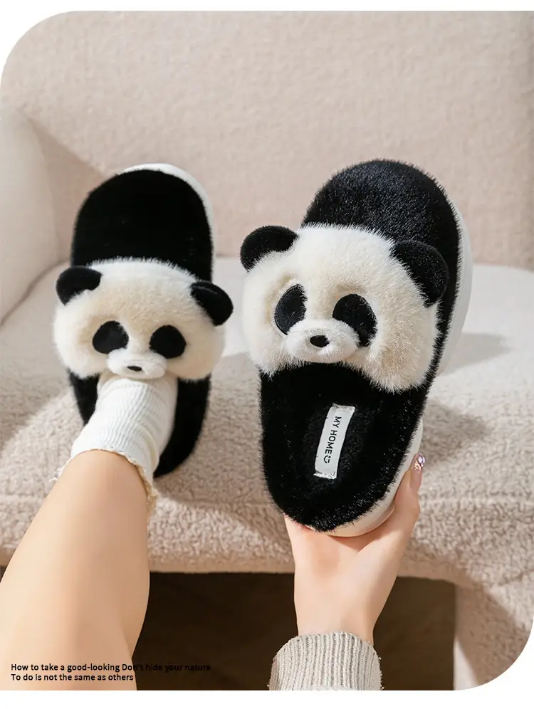 Black and White Panda Cute Cotton Slippers for Women's Home Indoor Plush Slippers Winter Warm Thick-Soled Cotton Slippers — feature 3
