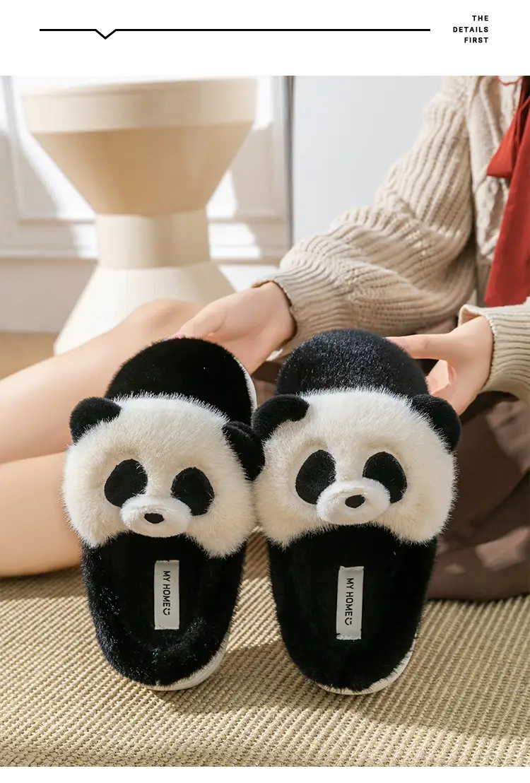 Black and White Panda Cute Cotton Slippers for Women's Home Indoor Plush Slippers Winter Warm Thick-Soled Cotton Slippers — feature 5