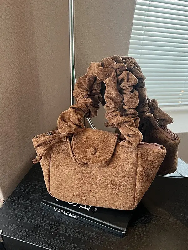 Women Suede Pleated Bag Brown Winter 2025 - Image 8