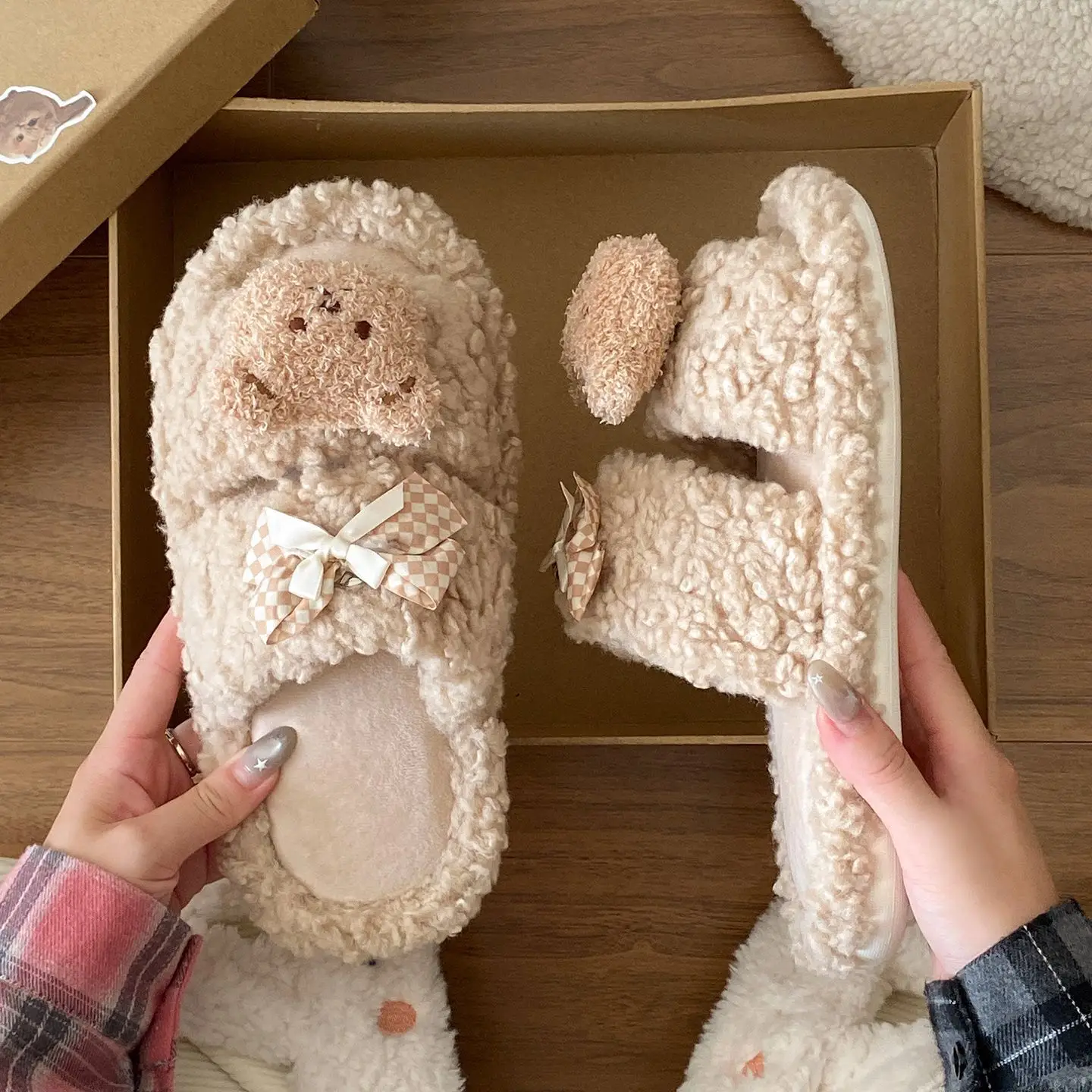 Cartoon Bear Bow Warm Flats for Girls - Image 3