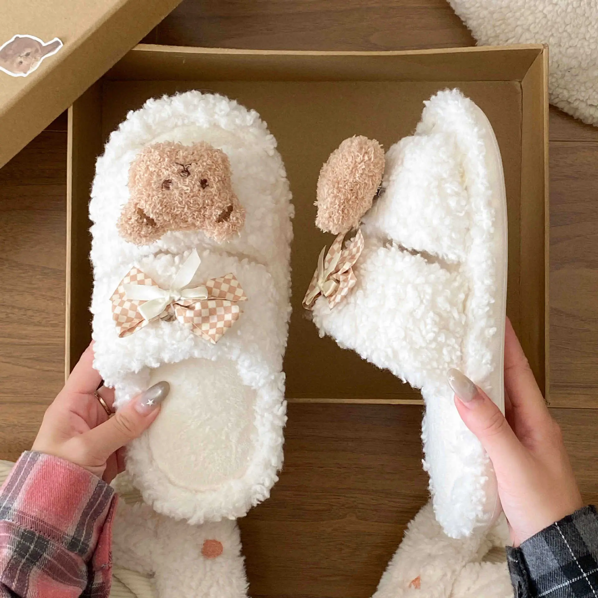 Cartoon Bear Bow Warm Flats for Girls - Image 4