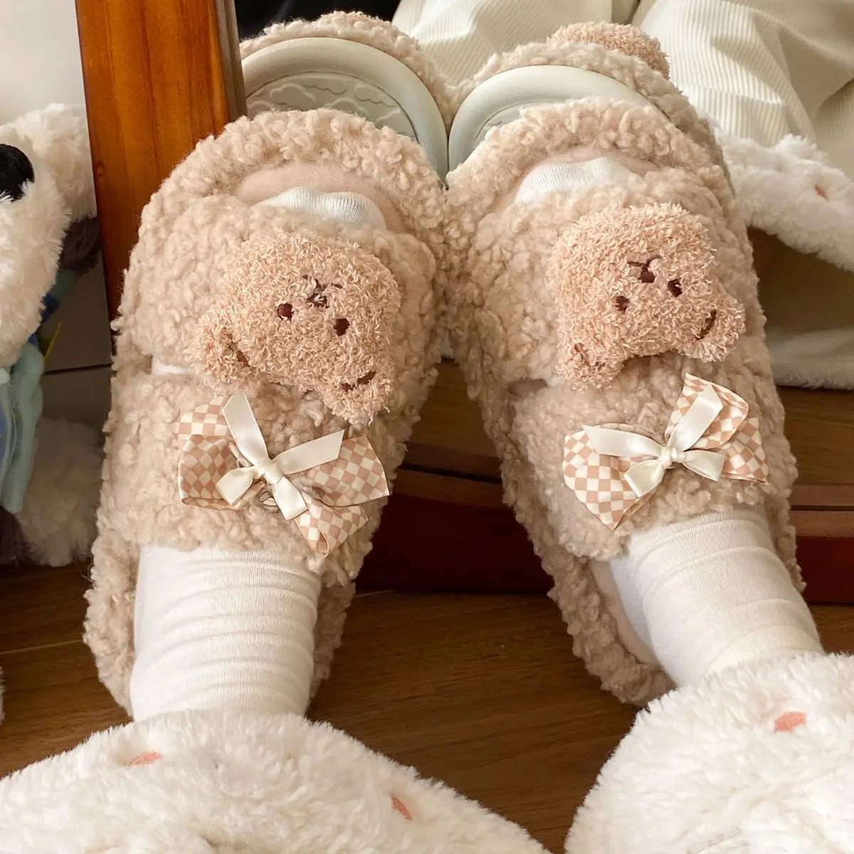 Cartoon Bear Bow Warm Flats for Girls — feature 25