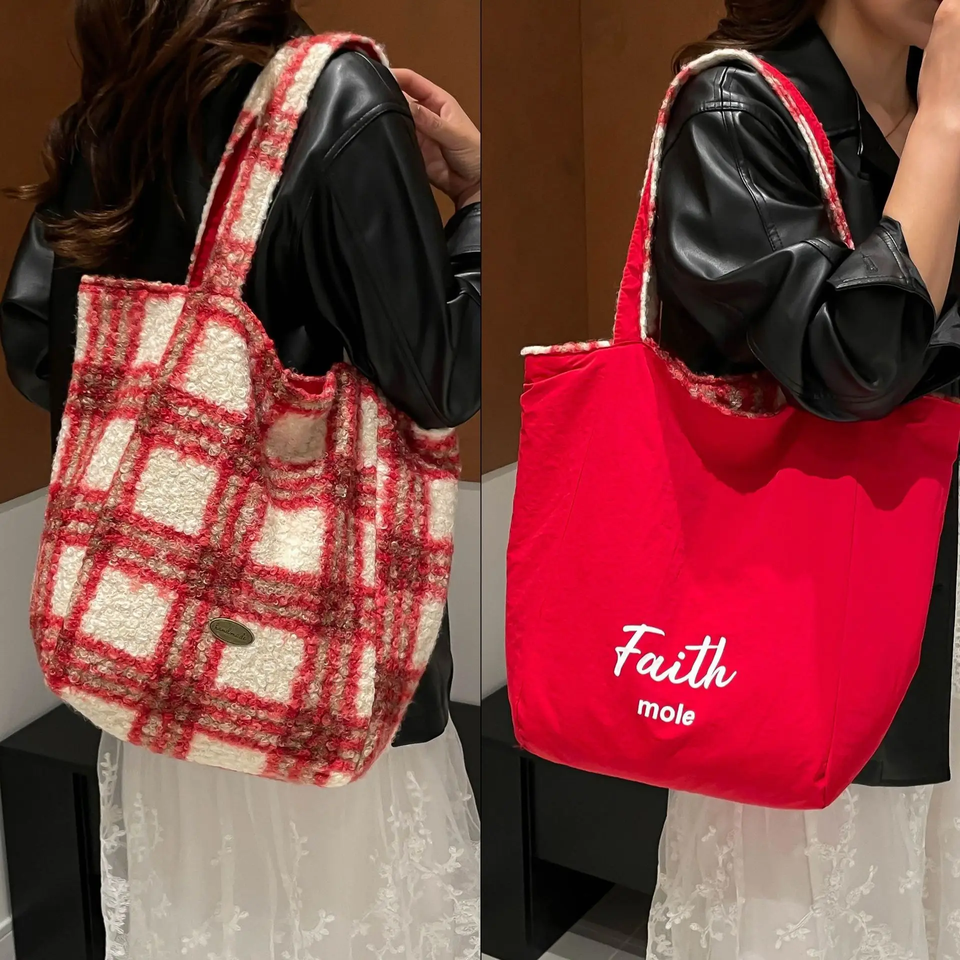 Underarm Contrast Striped Tote Bag Large Capacity Women's Fashion Plush Shoulder Bag Versatile Bucket Bag Cross-Border Foreign Trade luggage and leather goods - Image 2