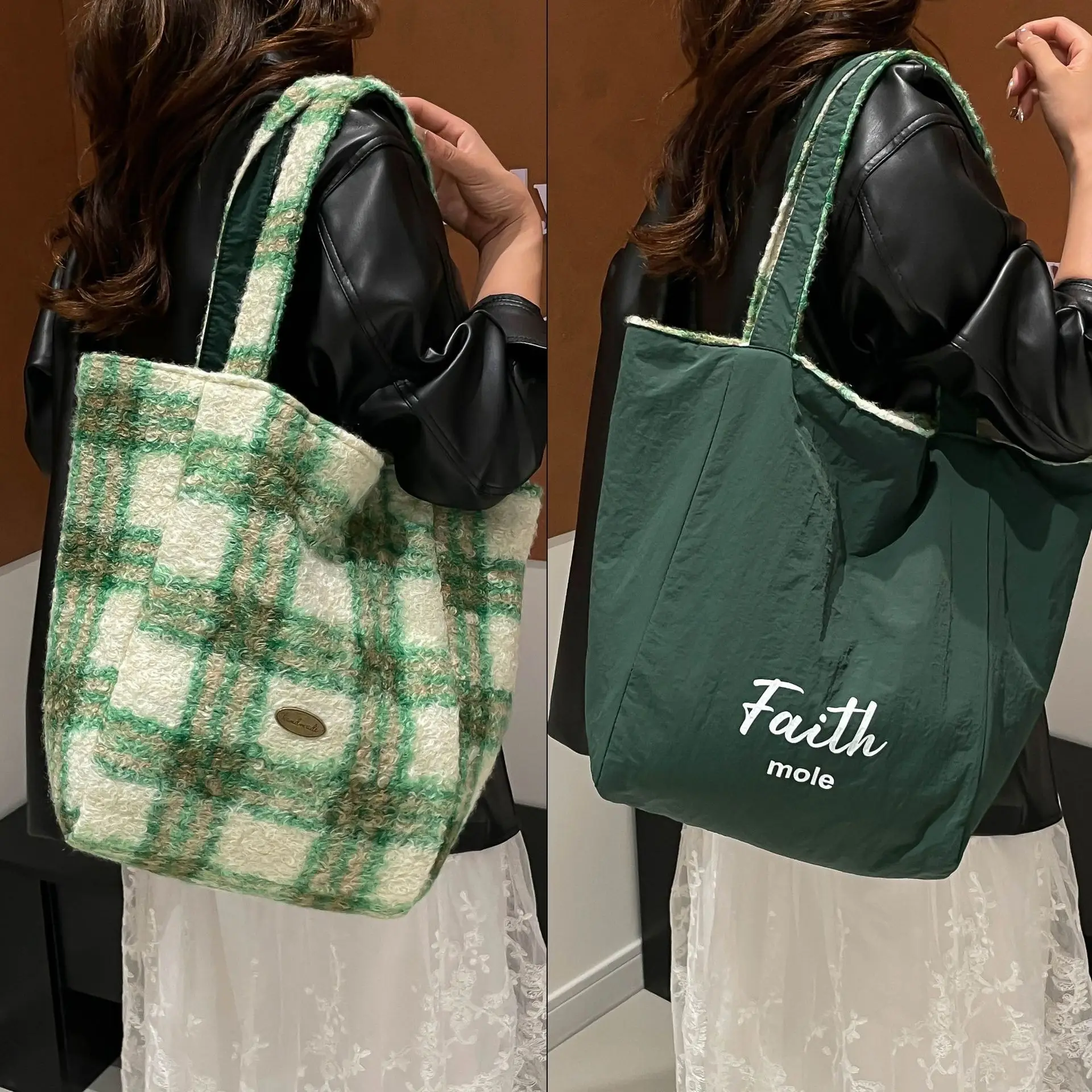 Underarm Contrast Striped Tote Bag Large Capacity Women's Fashion Plush Shoulder Bag Versatile Bucket Bag Cross-Border Foreign Trade luggage and leather goods - Image 4
