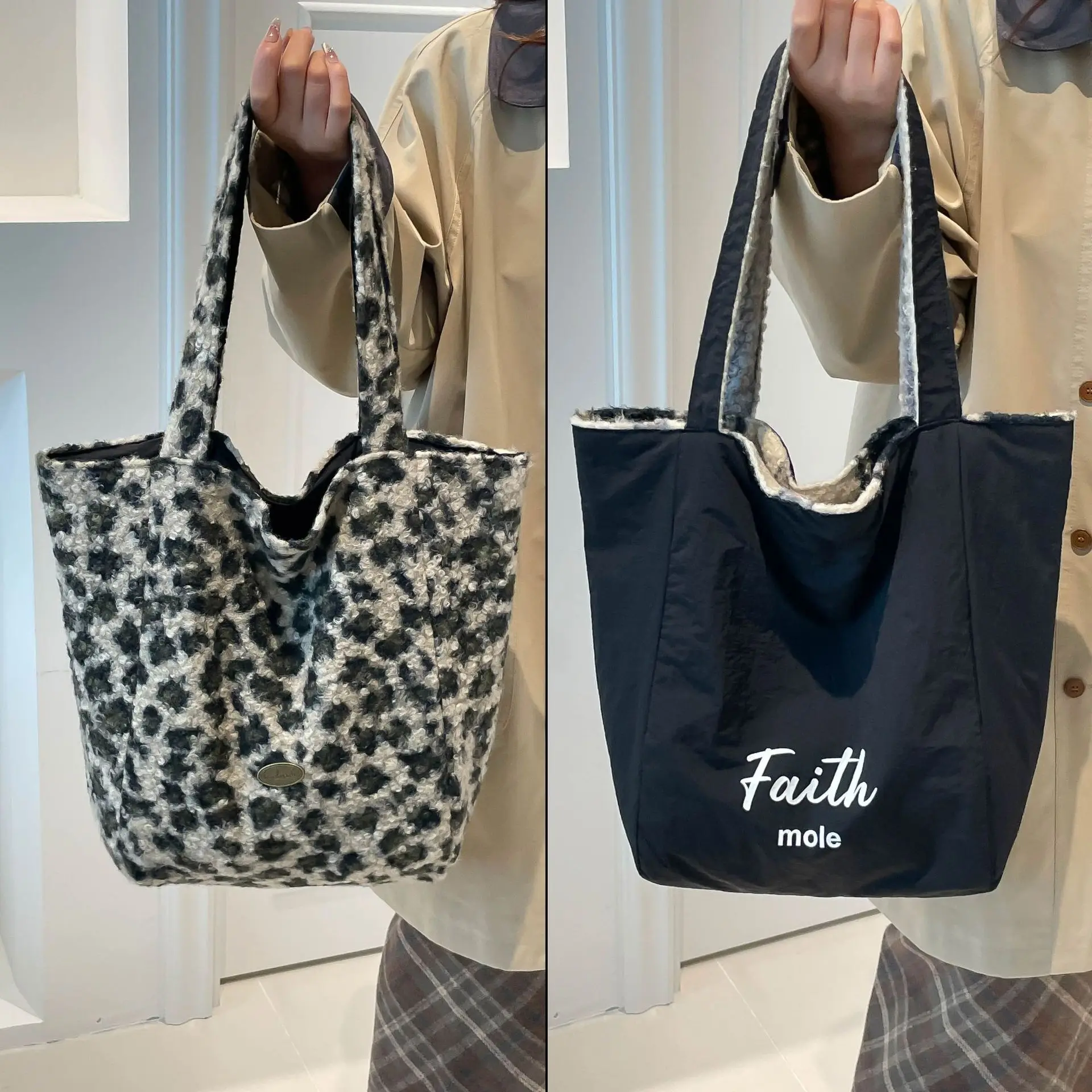 Underarm Contrast Striped Tote Bag Large Capacity Women's Fashion Plush Shoulder Bag Versatile Bucket Bag Cross-Border Foreign Trade luggage and leather goods - Image 5