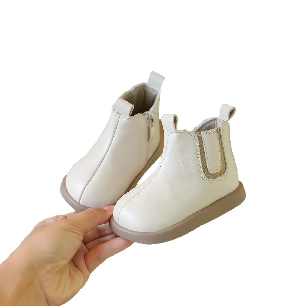 White Leather Short Boots for Baby Girls with Soft Sole