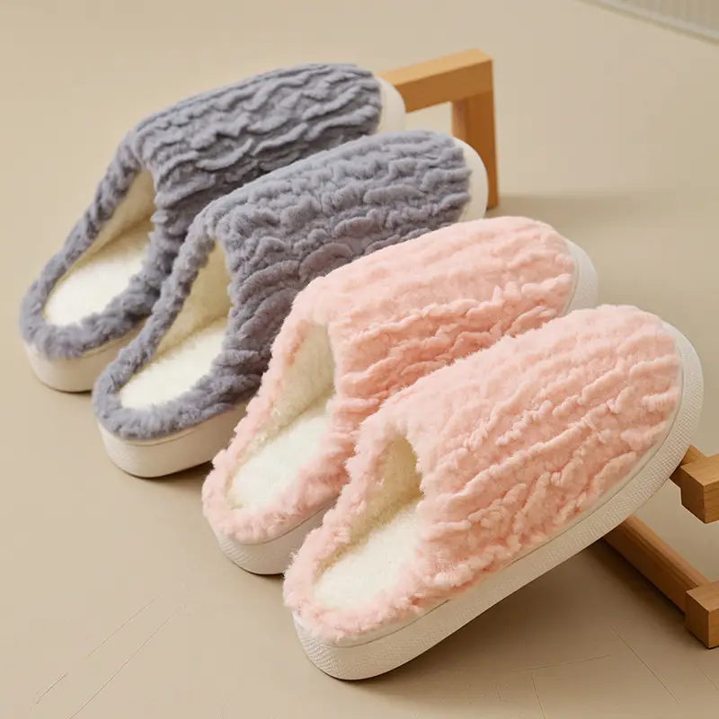 New Women's Pink Furry Slippers Warm Indoor