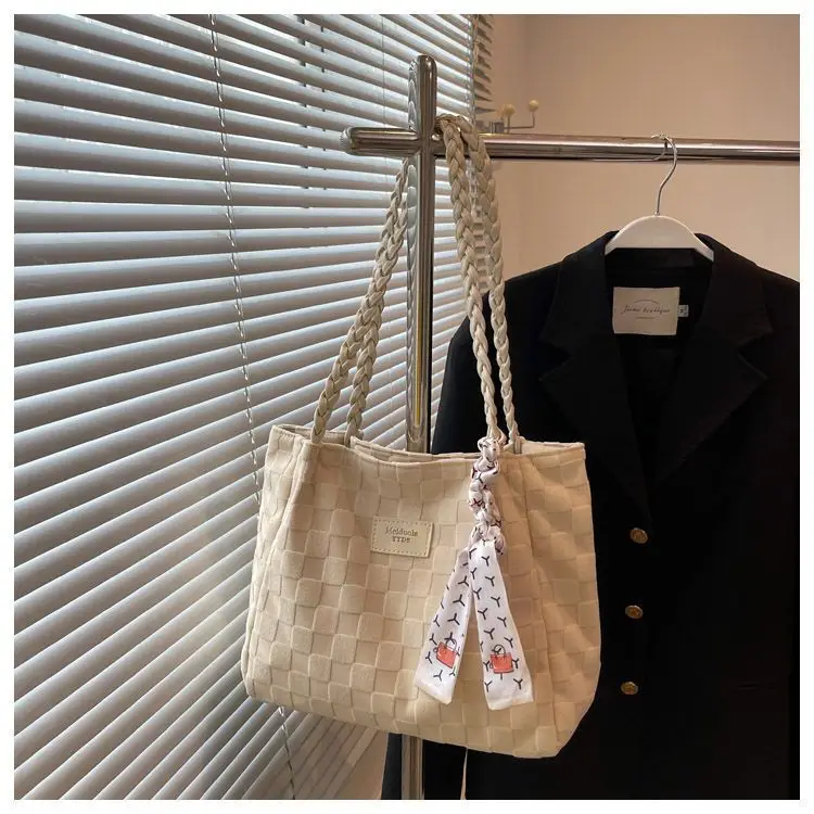 Women's Canvas Shoulder Bag Yellow White Patterned Tassel — feature 23