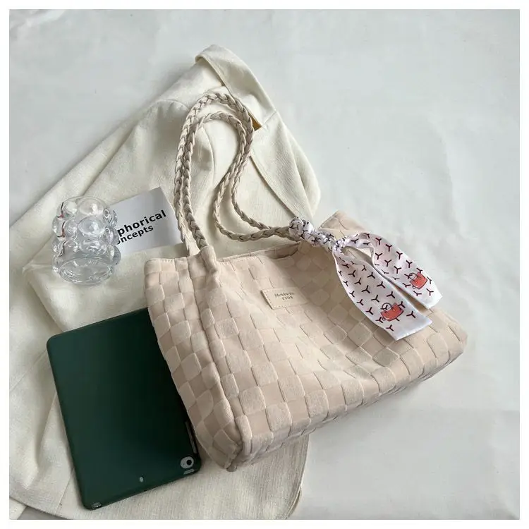 Women's Canvas Shoulder Bag Yellow White Patterned Tassel — feature 9