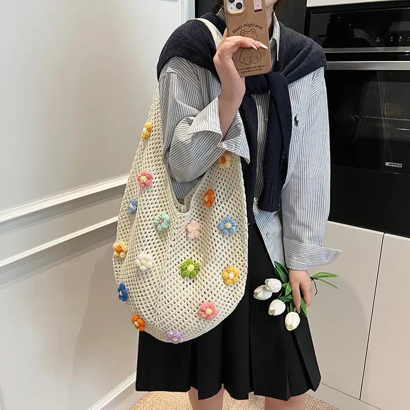 New Korean Style Women's Shoulder Tote Bag with Floral Embellishments - Image 6