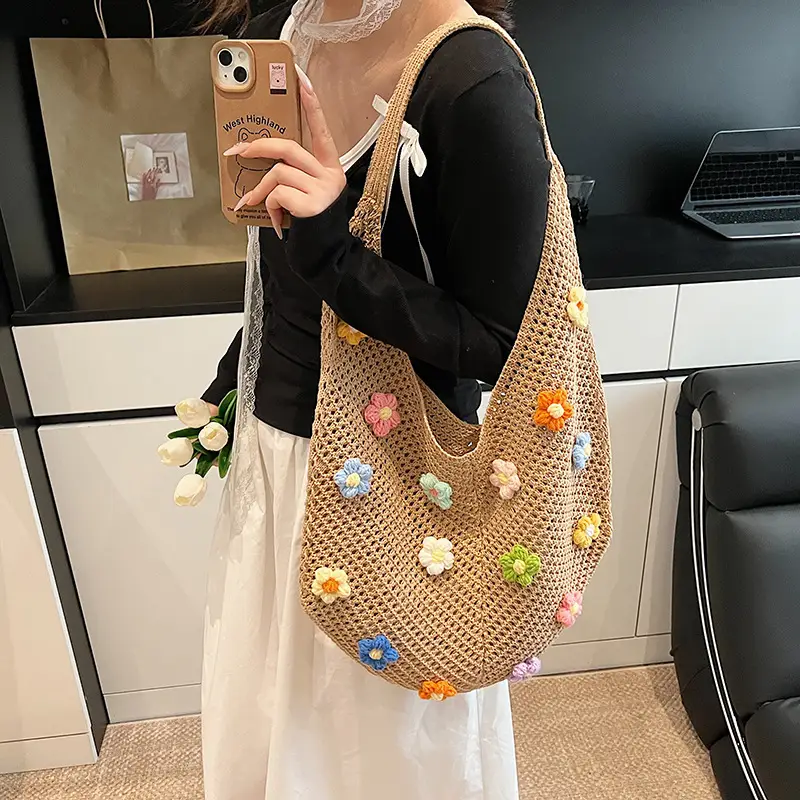 New Korean Style Women's Shoulder Tote Bag with Floral Embellishments - Image 7