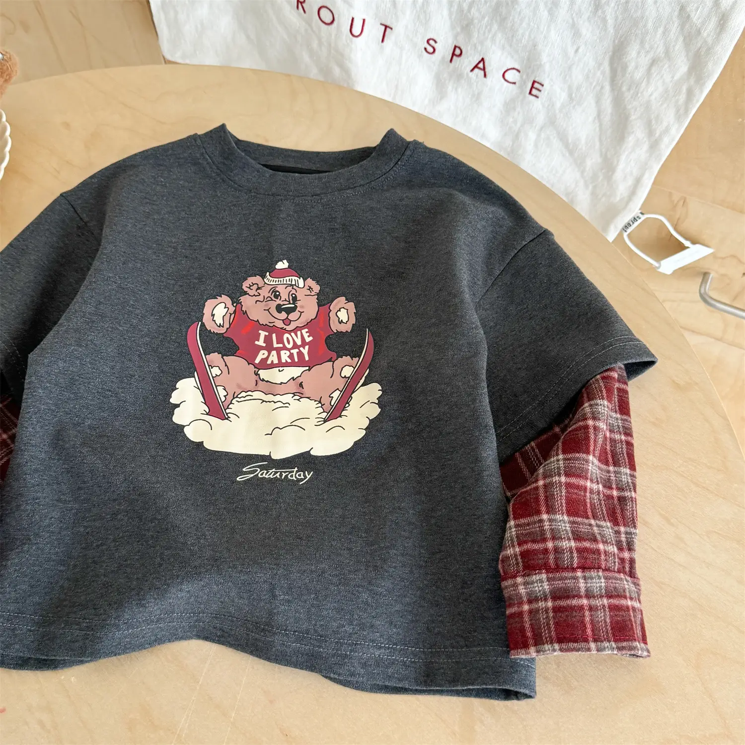 Korean Style Boys Faux Plaid Long Sleeve T-Shirt Grey