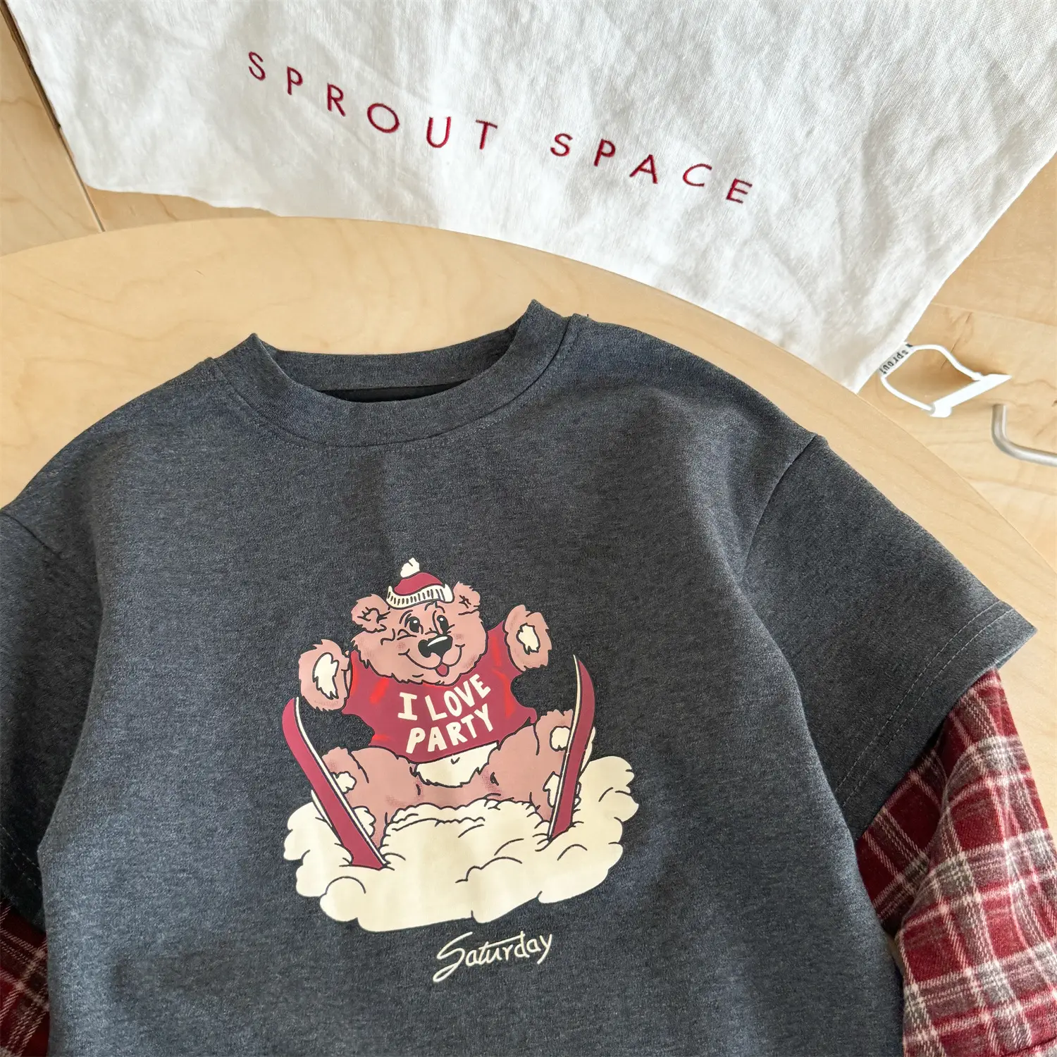 Korean Style Boys Faux Plaid Long Sleeve T-Shirt Grey