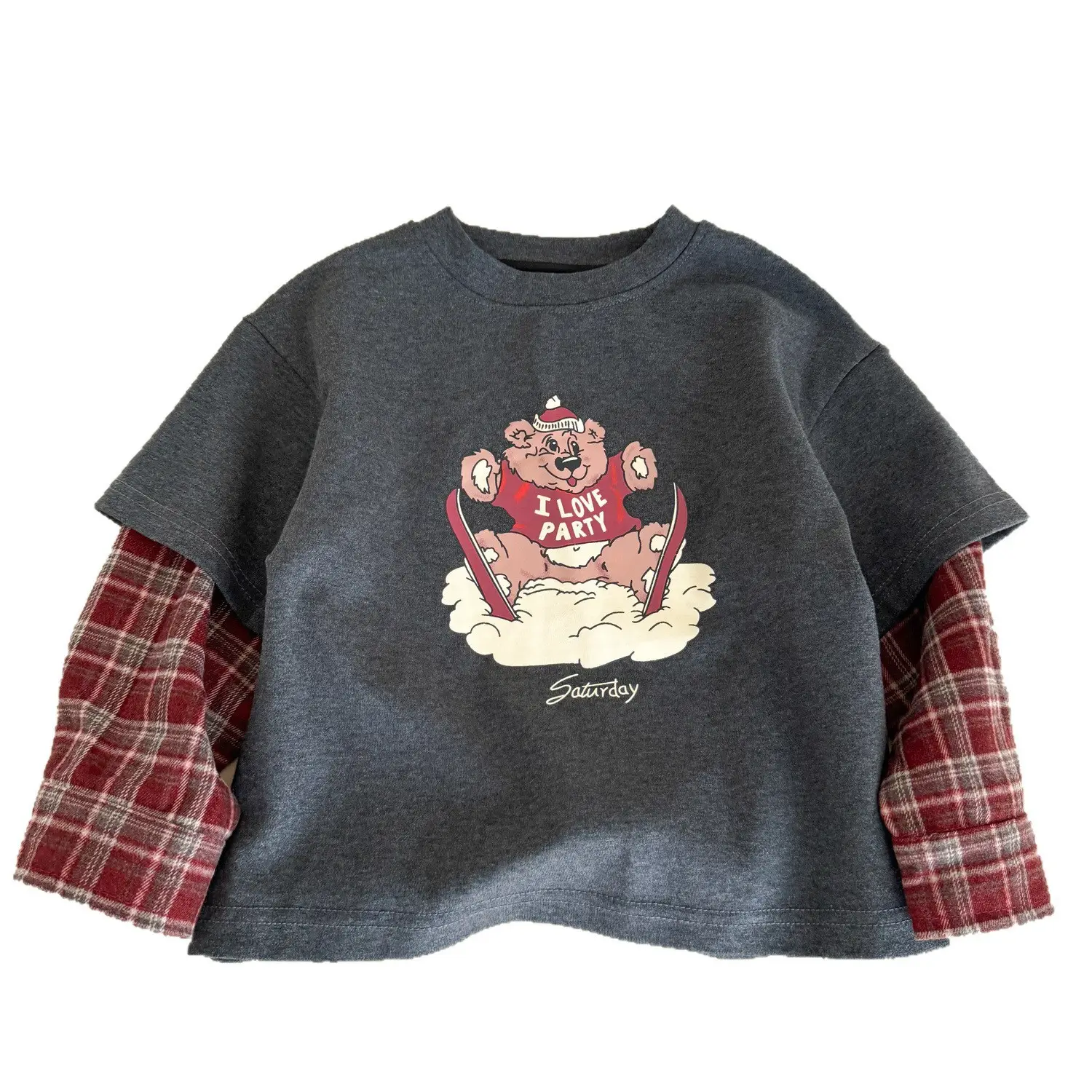 Korean Style Boys Faux Plaid Long Sleeve T-Shirt Grey