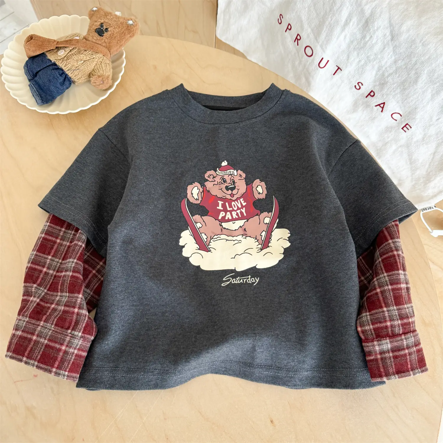 Korean Style Boys Faux Plaid Long Sleeve T-Shirt Grey — feature 11