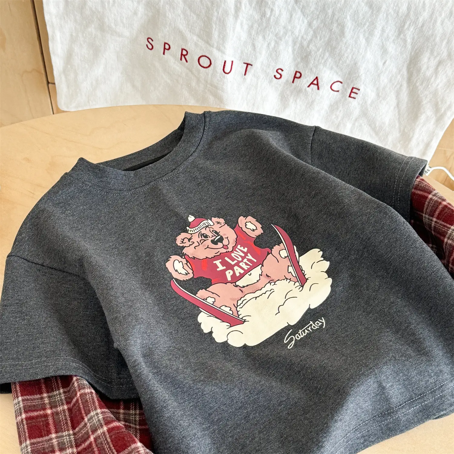 Korean Style Boys Faux Plaid Long Sleeve T-Shirt Grey — feature 12