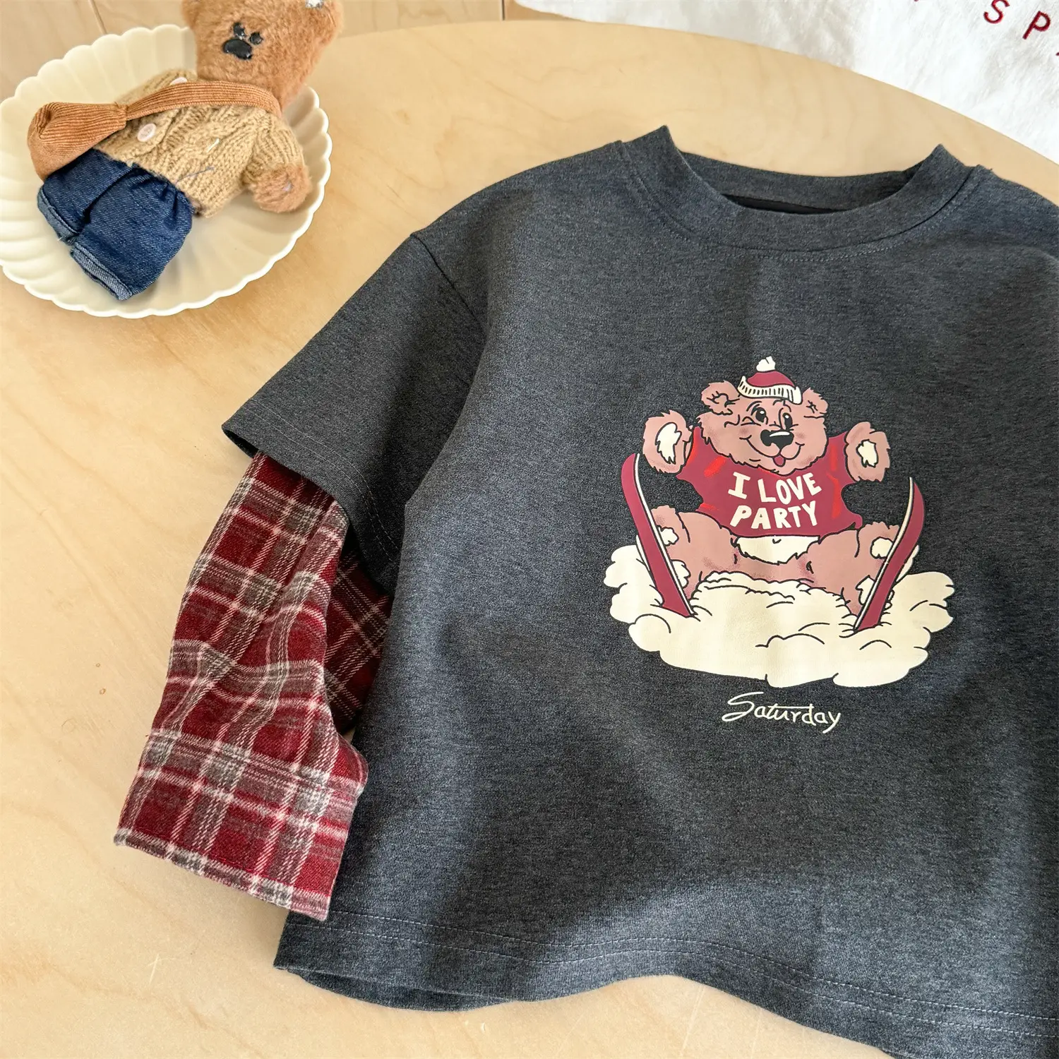 Korean Style Boys Faux Plaid Long Sleeve T-Shirt Grey — feature 8