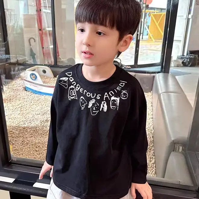 Boys Pure Cotton Long Sleeve T-Shirt Cartoon Print Black - Image 5
