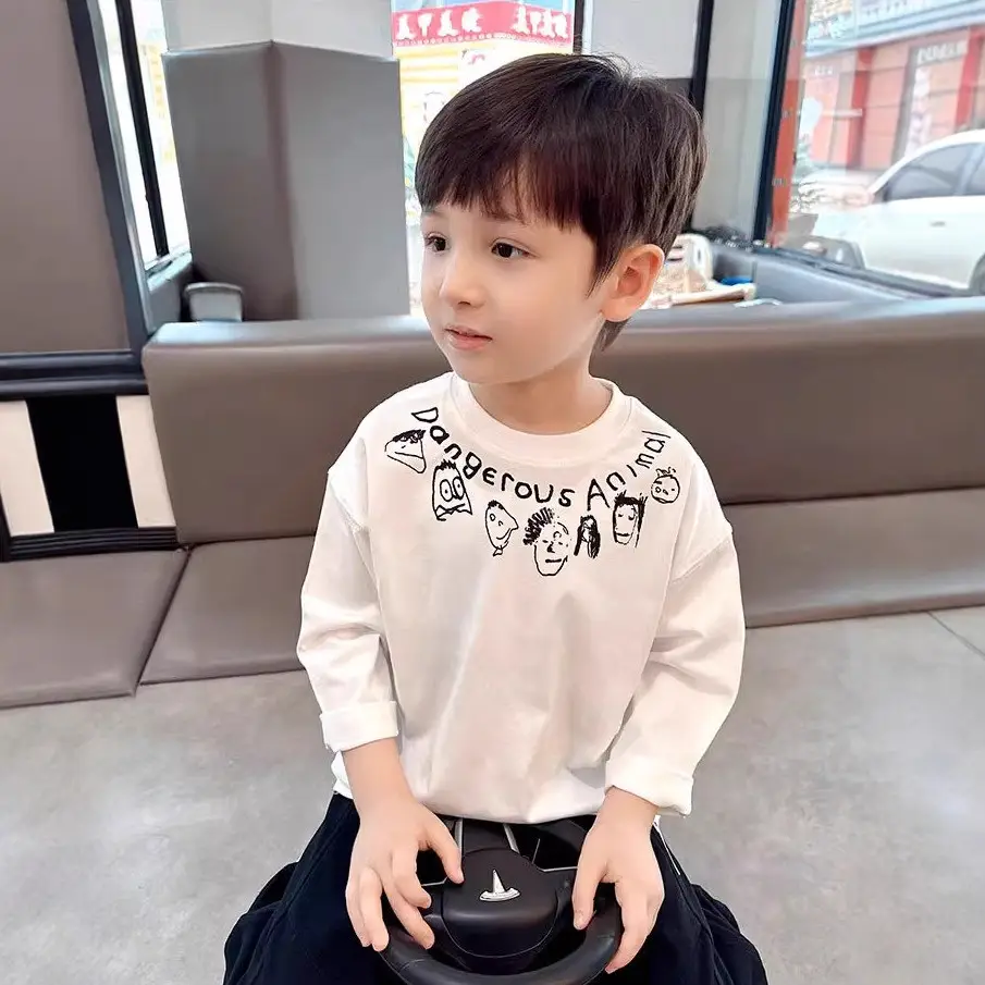 Boys Pure Cotton Long Sleeve T-Shirt Cartoon Print Black - Image 6