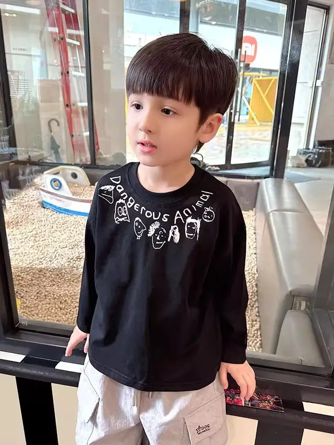 Boys Pure Cotton Long Sleeve T-Shirt Cartoon Print Black — feature 3