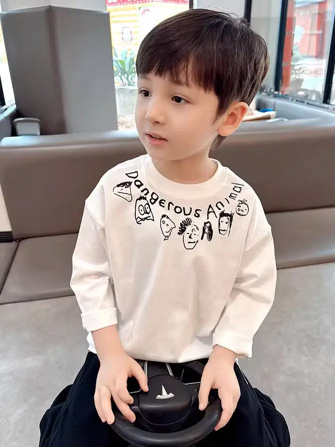 Boys Pure Cotton Long Sleeve T-Shirt Cartoon Print Black — feature 6