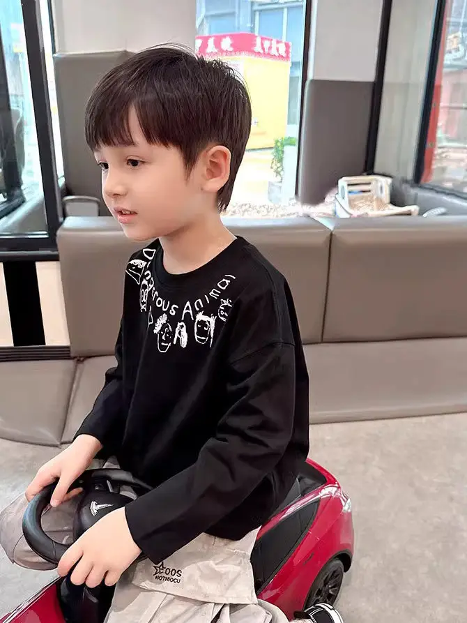 Boys Pure Cotton Long Sleeve T-Shirt Cartoon Print Black — feature 8