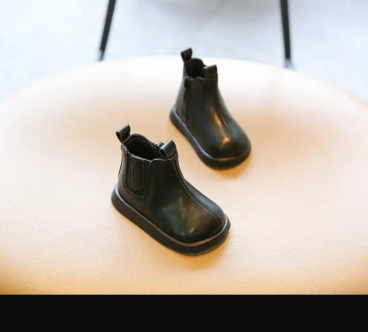 Black Leather Short Boots for Kids, Soft Sole, Zipper Closure — feature 14