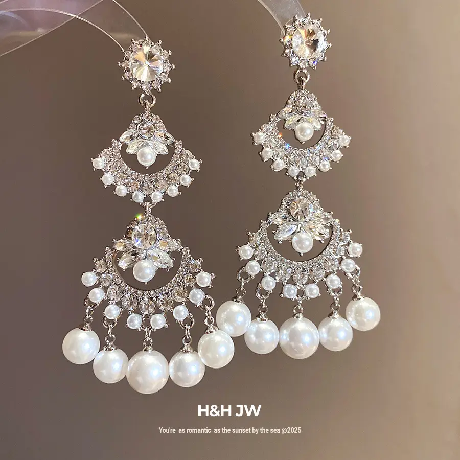 Silver Needle Inlaid with Diamond and Pearl Fan-Shaped Tassel Earrings, Vintage Ethnic Style Earrings, Light Luxury, High-End, Elegant and Versatile Earrings