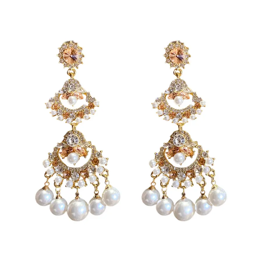 Silver Needle Inlaid with Diamond and Pearl Fan-Shaped Tassel Earrings, Vintage Ethnic Style Earrings, Light Luxury, High-End, Elegant and Versatile Earrings