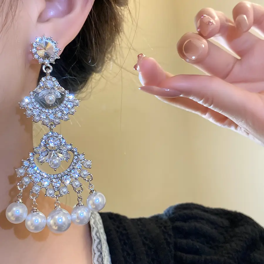 Silver Needle Inlaid with Diamond and Pearl Fan-Shaped Tassel Earrings, Vintage Ethnic Style Earrings, Light Luxury, High-End, Elegant and Versatile Earrings — feature 13