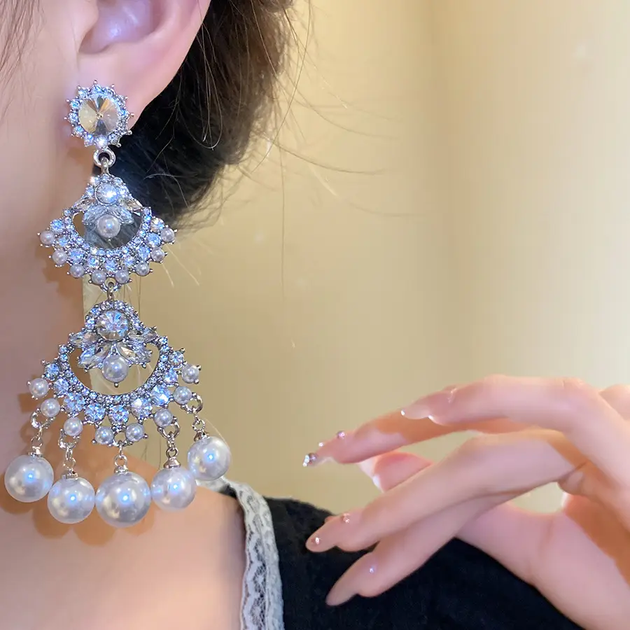 Silver Needle Inlaid with Diamond and Pearl Fan-Shaped Tassel Earrings, Vintage Ethnic Style Earrings, Light Luxury, High-End, Elegant and Versatile Earrings — feature 15