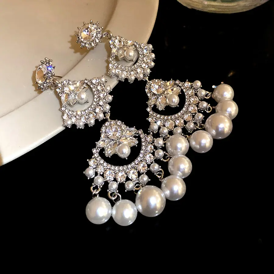 Silver Needle Inlaid with Diamond and Pearl Fan-Shaped Tassel Earrings, Vintage Ethnic Style Earrings, Light Luxury, High-End, Elegant and Versatile Earrings — feature 16
