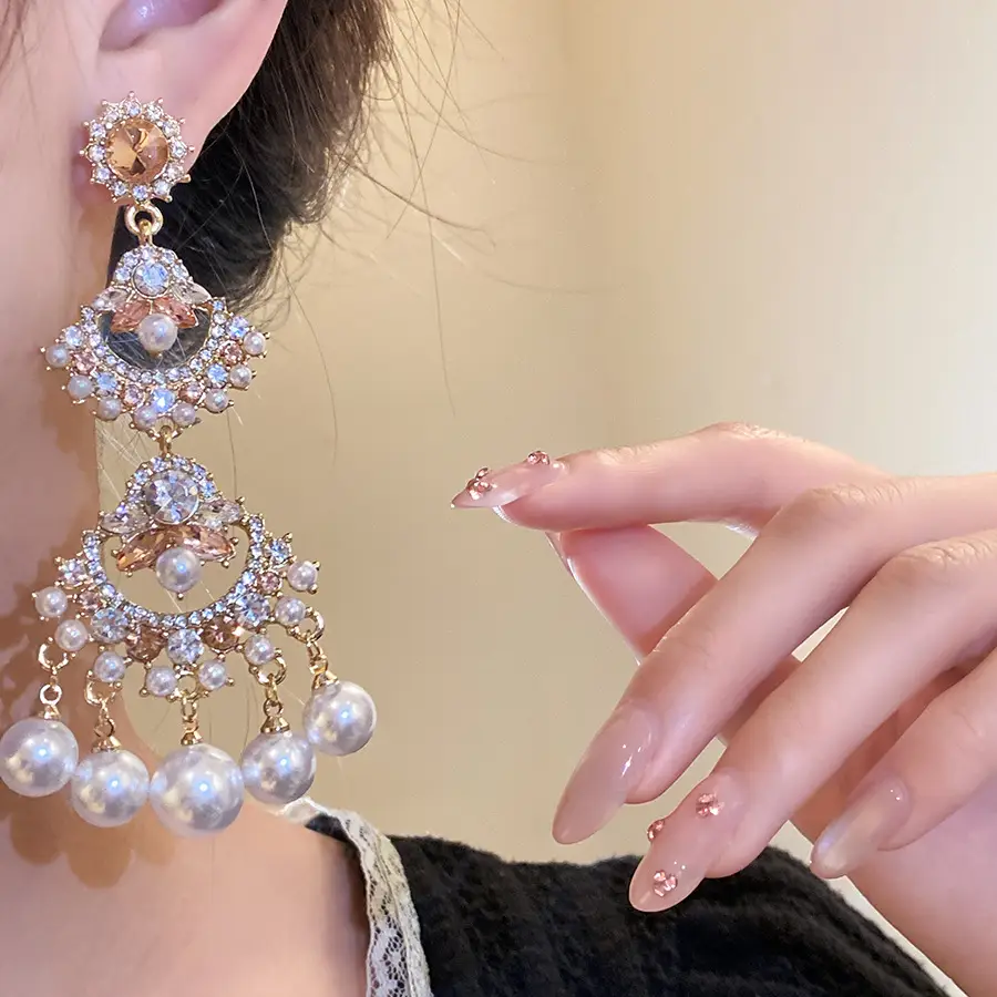 Silver Needle Inlaid with Diamond and Pearl Fan-Shaped Tassel Earrings, Vintage Ethnic Style Earrings, Light Luxury, High-End, Elegant and Versatile Earrings — feature 17