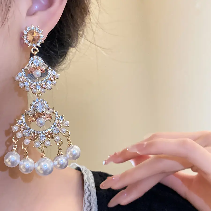 Silver Needle Inlaid with Diamond and Pearl Fan-Shaped Tassel Earrings, Vintage Ethnic Style Earrings, Light Luxury, High-End, Elegant and Versatile Earrings — feature 18