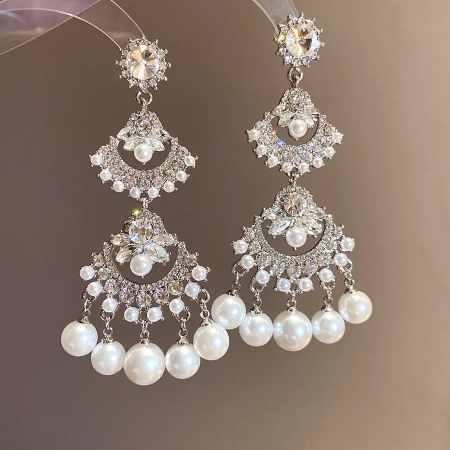 Silver Needle Inlaid with Diamond and Pearl Fan-Shaped Tassel Earrings, Vintage Ethnic Style Earrings, Light Luxury, High-End, Elegant and Versatile Earrings — feature 6