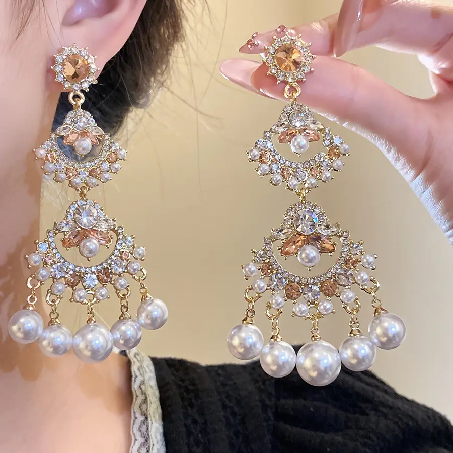 Silver Needle Inlaid with Diamond and Pearl Fan-Shaped Tassel Earrings, Vintage Ethnic Style Earrings, Light Luxury, High-End, Elegant and Versatile Earrings — feature 7