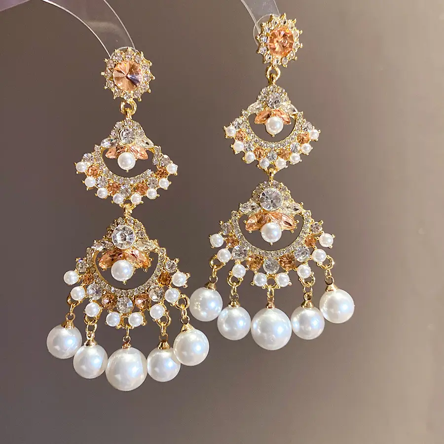 Silver Needle Inlaid with Diamond and Pearl Fan-Shaped Tassel Earrings, Vintage Ethnic Style Earrings, Light Luxury, High-End, Elegant and Versatile Earrings — feature 8