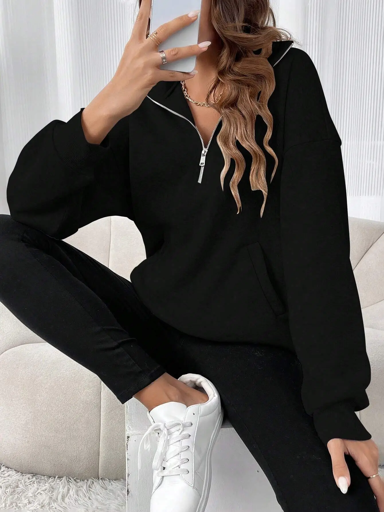Black Half-Zip Long Sleeve Sweatshirt for Women - Image 8