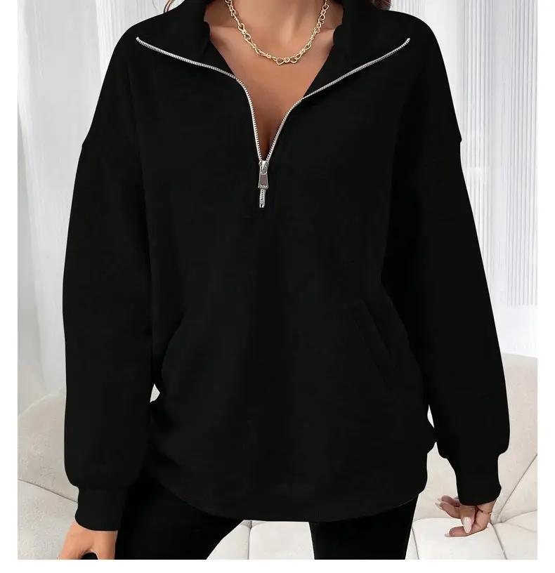 Black Half-Zip Long Sleeve Sweatshirt for Women — feature 14