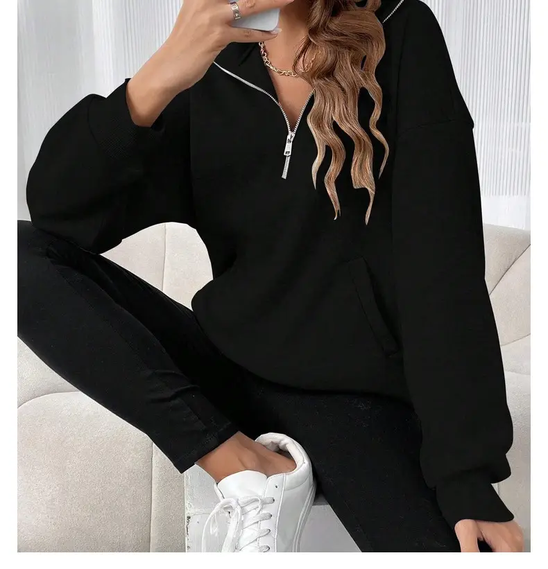 Black Half-Zip Long Sleeve Sweatshirt for Women — feature 15