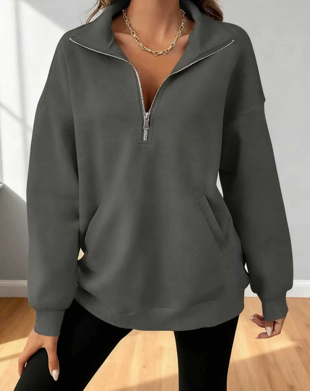Black Half-Zip Long Sleeve Sweatshirt for Women - Image 2