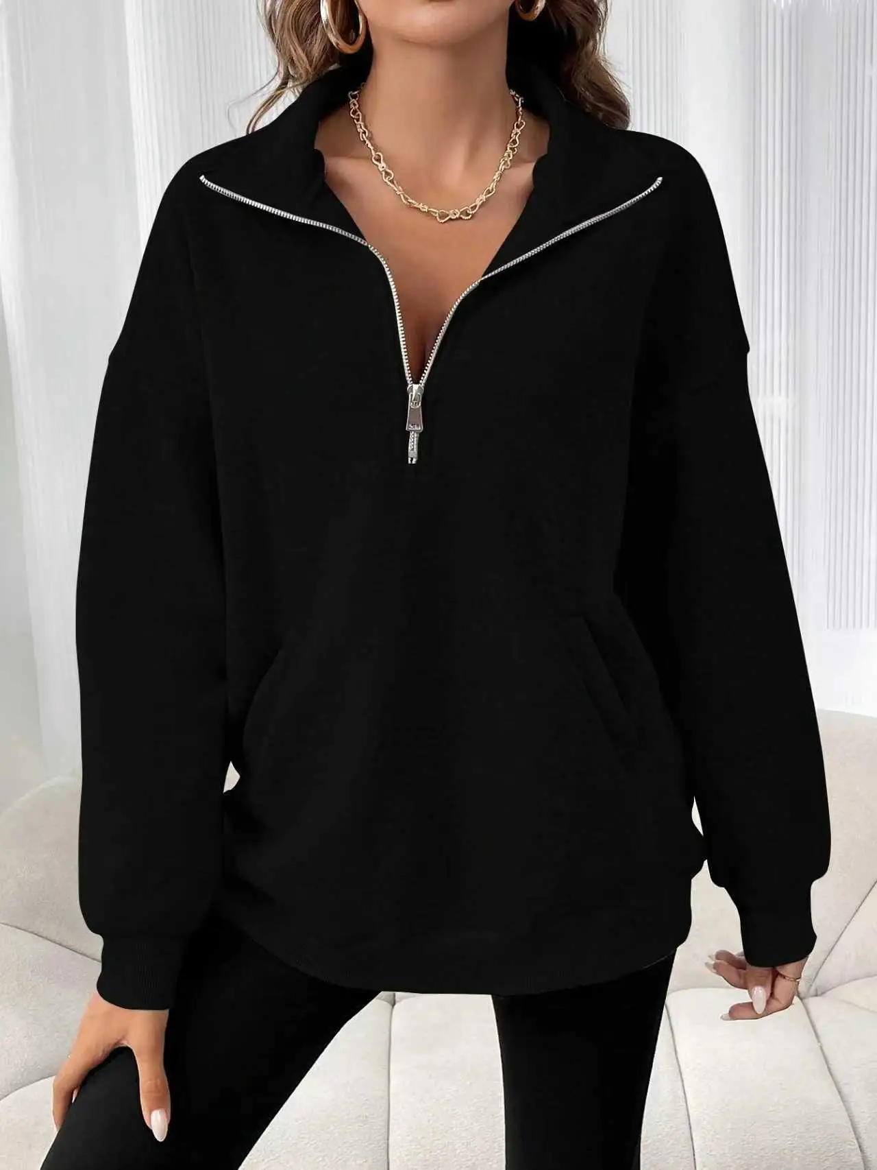 Black Half-Zip Long Sleeve Sweatshirt for Women - Image 3