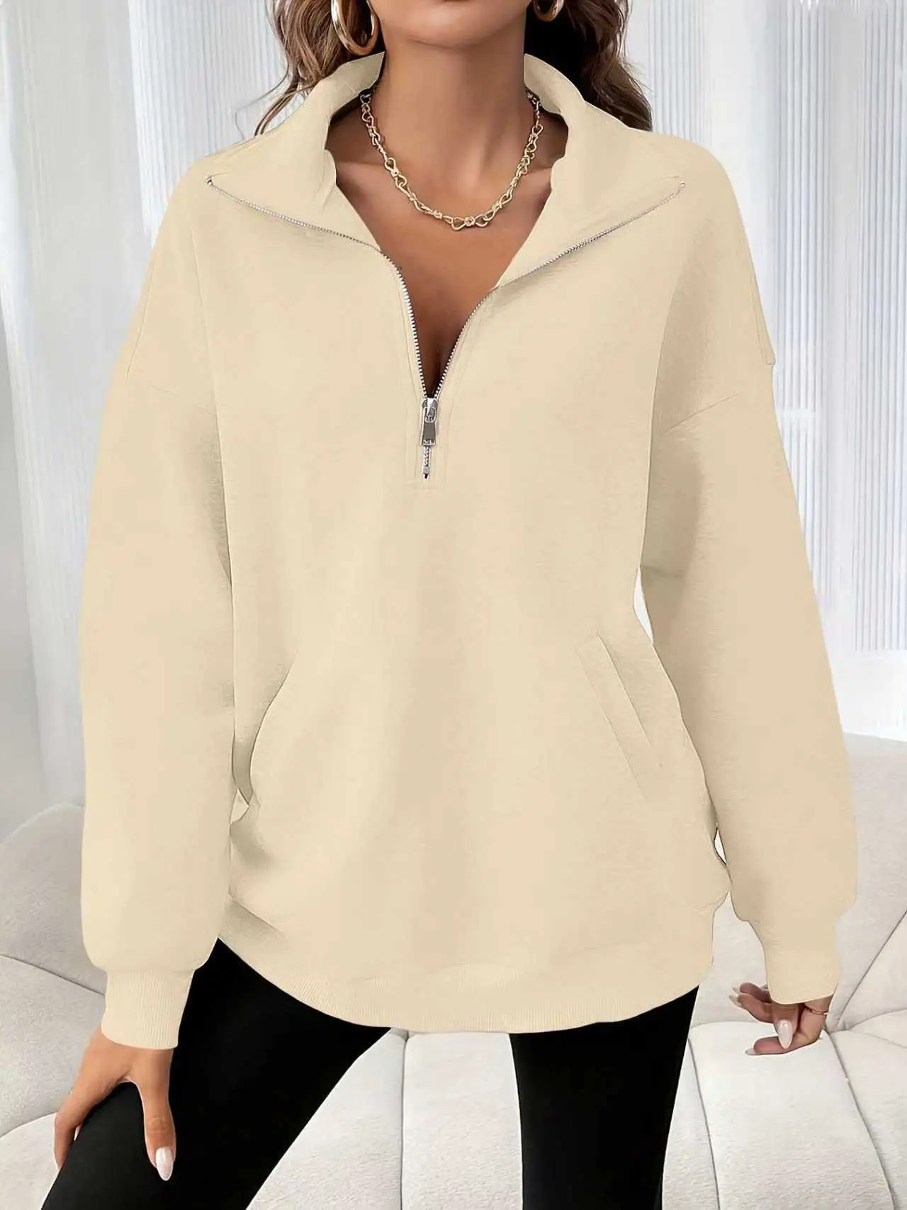 Black Half-Zip Long Sleeve Sweatshirt for Women - Image 4