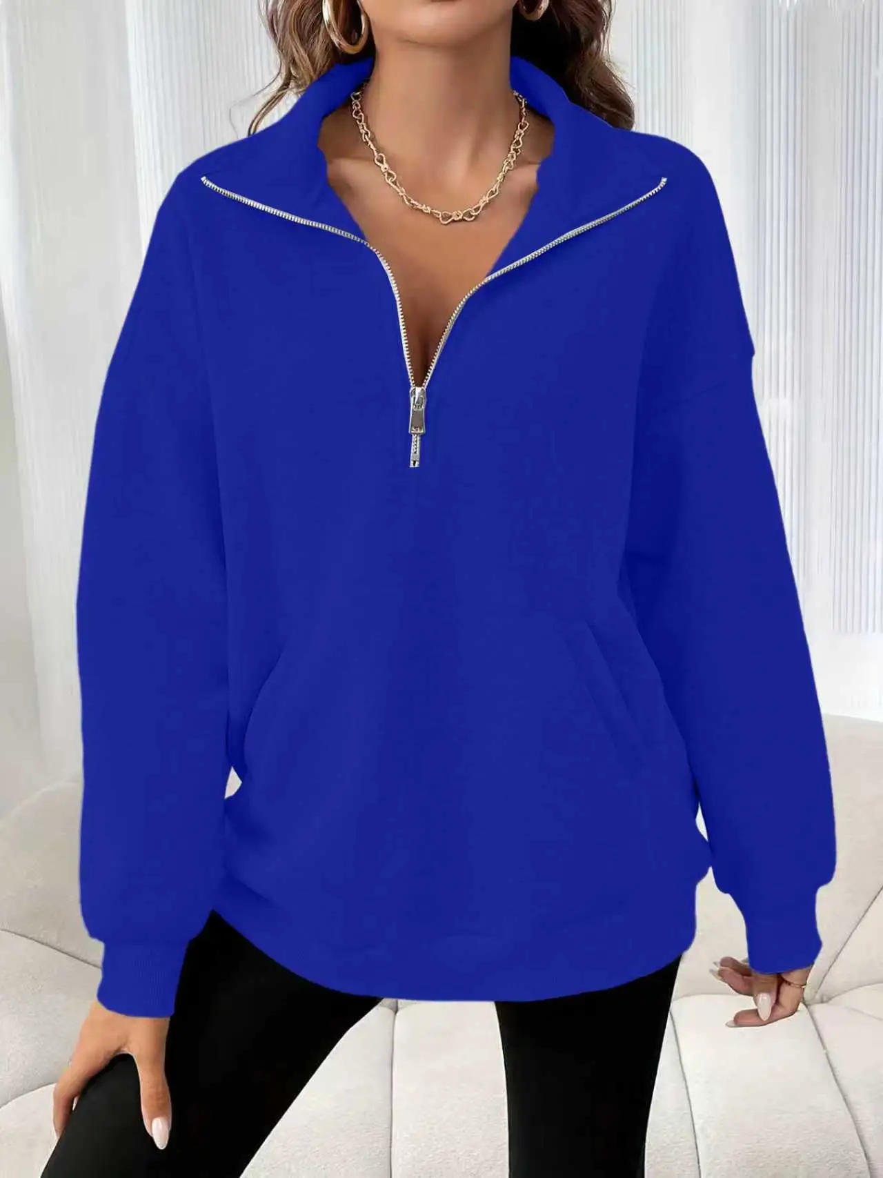 Black Half-Zip Long Sleeve Sweatshirt for Women - Image 5