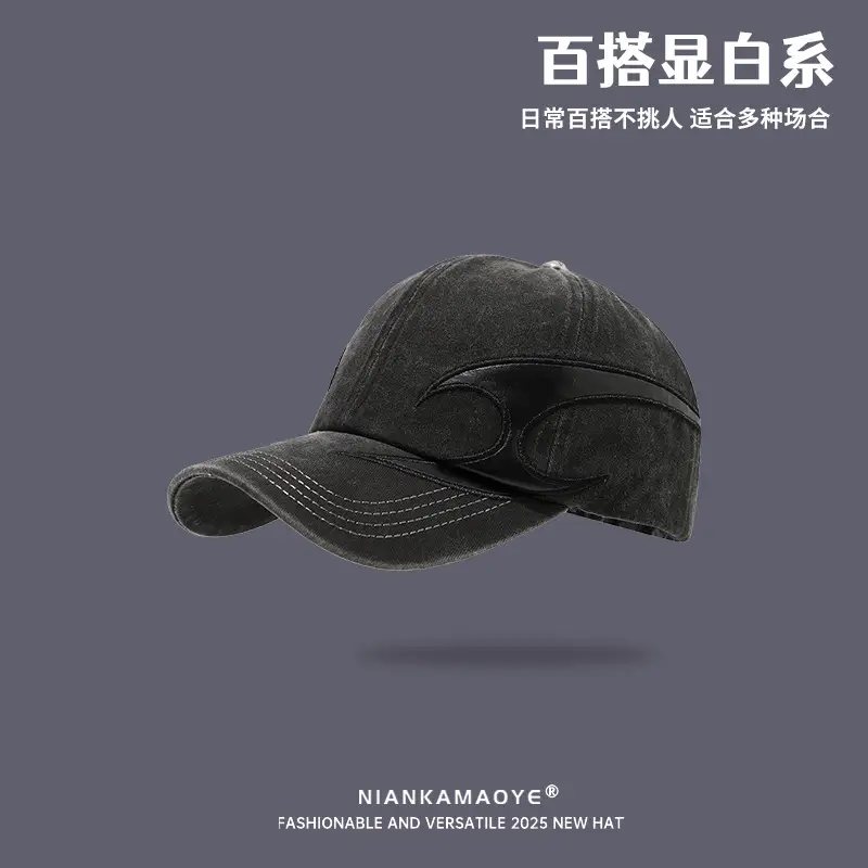 Men Oversized Black Flame Patchwork Baseball Cap - Image 4