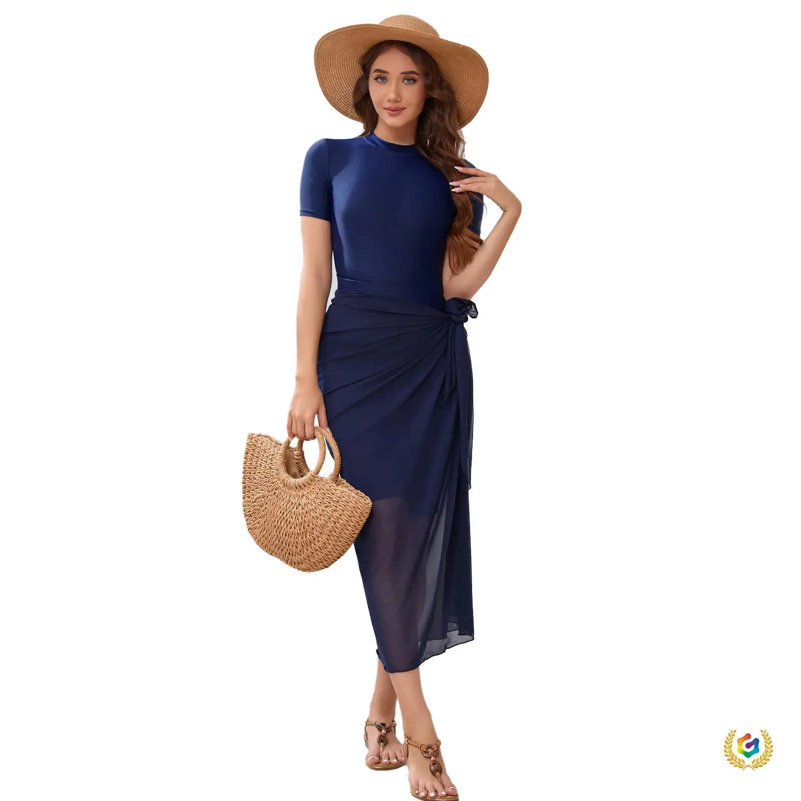 2024 Muslim Swimsuit Printed Navy 3-Piece Set - Image 8