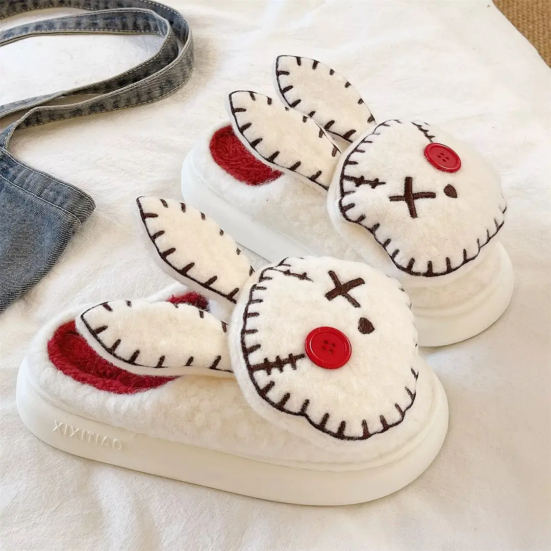Thick-Soled Furry Slippers for Women, Winter Indoor Home Non-Slip Cute Squinting Rabbit Fleece-Lined Warm Toe-Cap Cotton Slippers - Image 3