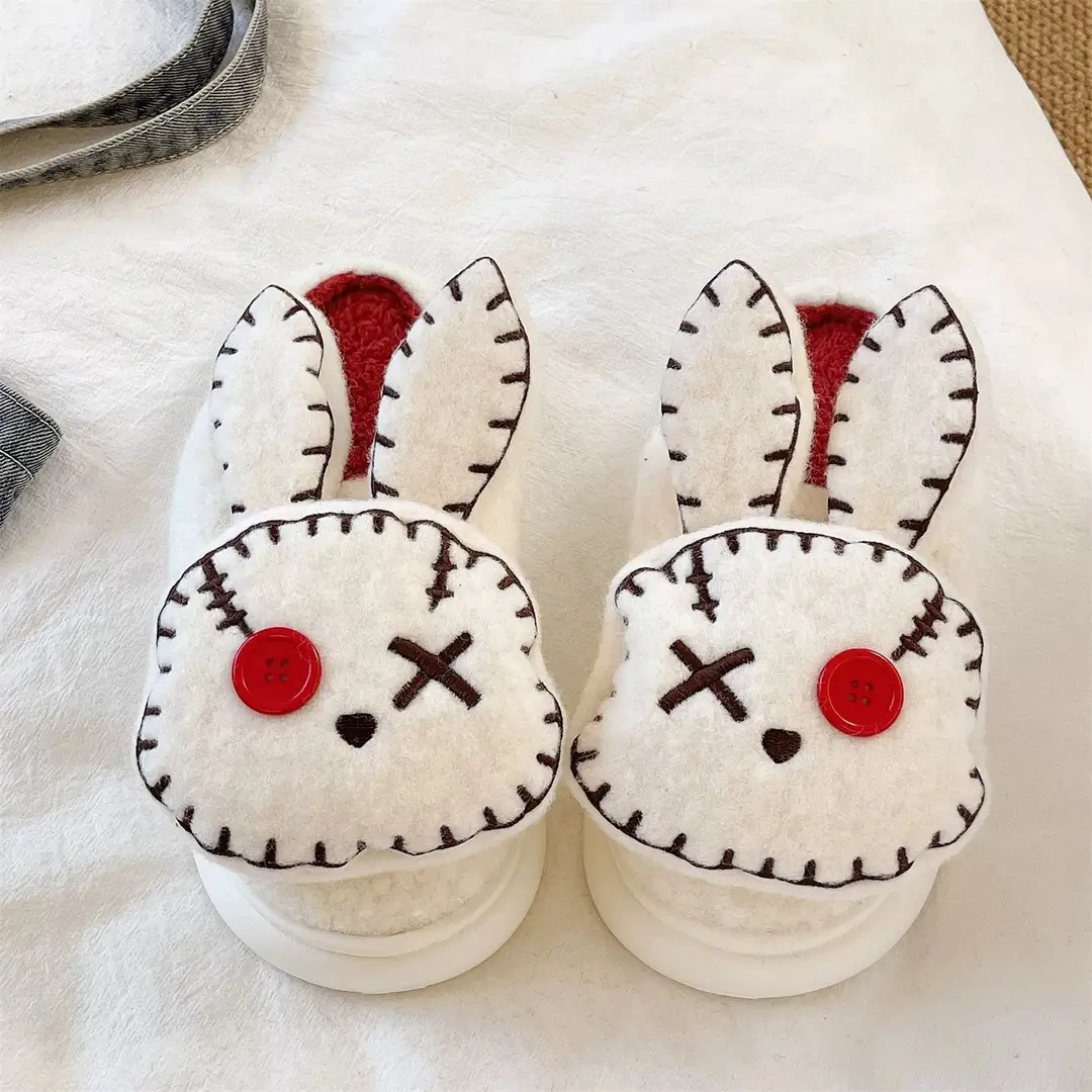 Thick-Soled Furry Slippers for Women, Winter Indoor Home Non-Slip Cute Squinting Rabbit Fleece-Lined Warm Toe-Cap Cotton Slippers - Image 4